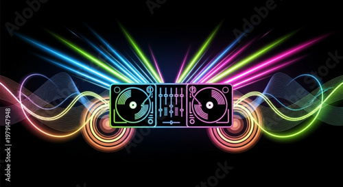 Vibrant dj setup with colorful lights and speakers on black background music performance concept