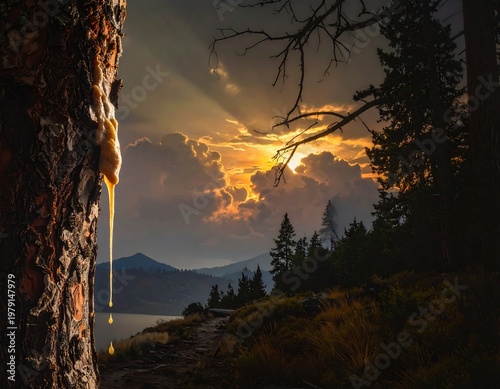 A serene forest path leads to a mountain lake at sunset