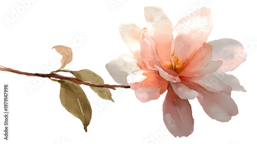 A watercolor painting of a pink flower with a green leaf
