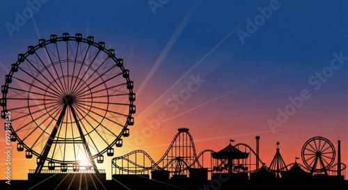 Silhouette of amusement park rides at sunset with ferris wheel and roller coaster warm orange and blue sky background