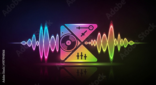 Neon sound wave graphic with vinyl record and equalizer on dark background colorful audio waveform