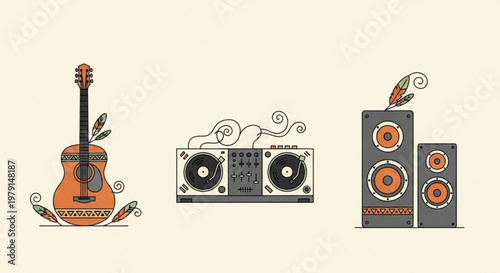 Vintage guitar amplifier and speakers with feathers and swirls on cream background music equipment illustration