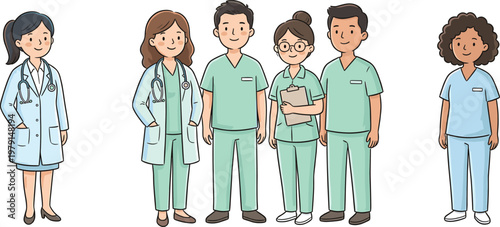 Medical Team Characters Set with Doctors and Nurses in Scrubs Uniform Healthcare Professionals Cartoon Style Flat Vector Illustration Collection