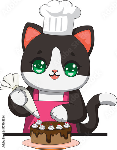Cat Decor Cake Bakery Cooking Kitten Mascot for Food Industry Vector