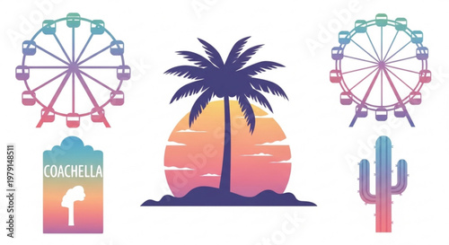 Vibrant festival icons with ferris wheels palm tree cactus and coachella sign on white background