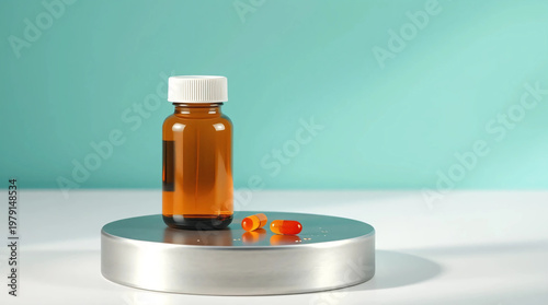 Empty vitamin bottle on podium with one vitamin capsule outside, image for advertising concept