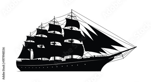 Detailed black silhouette of a tall sailing ship on a white background silhouette