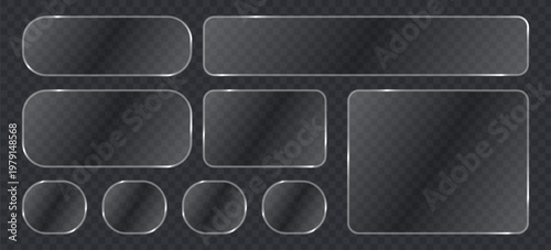 Set of glassmorphism style buttons and banners transparent frosted glass plates with glossy borders for ui design, web interface elements, and app icons
