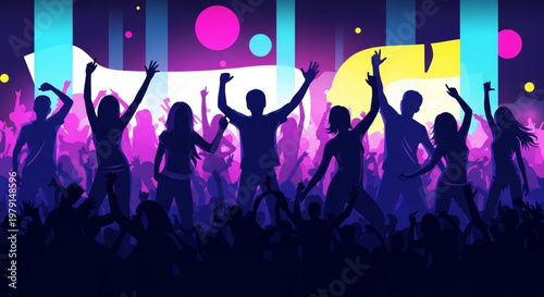 Silhouettes of people dancing at a vibrant party with colorful lights and a lively atmosphere at night