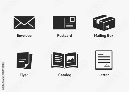 A set of Direct Mail icons focuses on simplicity, elegance, and ease of recognition. Vector Sign for Logos, Labels, and Icons.