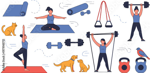 Mega bundle of women doing home fitness yoga and weightlifting exercises with pets and gym equipment in flat line art style for healthy lifestyle vector.