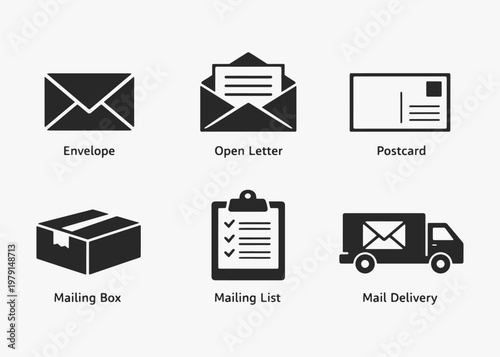 A set of Direct Mail icons focuses on simplicity, elegance, and ease of recognition. Vector Sign for Logos, Labels, and Icons.