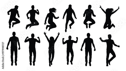 A collection of twelve silhouetted figures joyfully jumping and posing with arms raised suggesting movement and energy high quality professional detailed