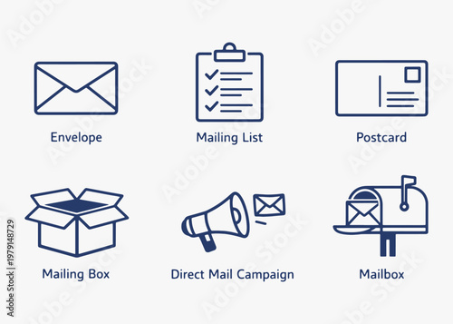 A set of Direct Mail icons focuses on simplicity, elegance, and ease of recognition. Vector Sign for Logos, Labels, and Icons.