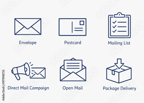 A set of Direct Mail icons focuses on simplicity, elegance, and ease of recognition. Vector Sign for Logos, Labels, and Icons.