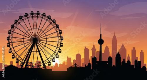 Silhouette of a ferris wheel with city skyline at sunset urban landscape with tall buildings and vibrant purple orange sky