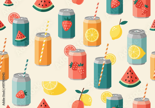 Seamless Pattern of Fruit Soda Cans and Fresh Summer Fruits Vector Illustration