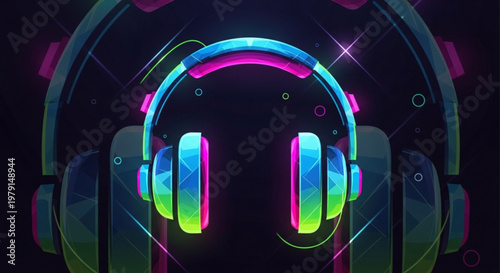 Vibrant neon headphones with colorful ear cushions and headset glowing in the dark with futuristic design elements