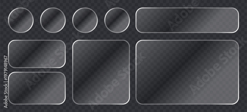 Set of glassmorphism ui elements, frosted glass buttons and panels with soft shadows, transparent dark geometric shapes for user interface design