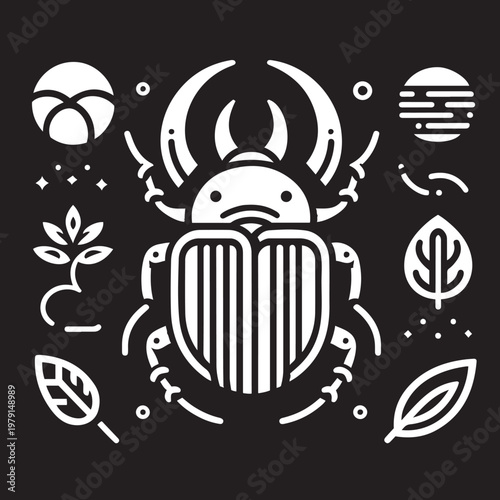 beetle and leafs on a black background, vector illustration