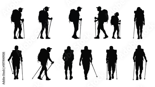 A collection of black silhouette figures depicts hikers walking with backpacks and trekking poles in various poses high quality professional detailed