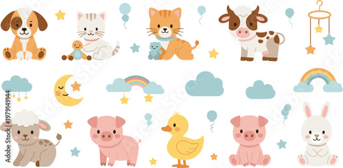 Set of Cute Baby Farm and Pet Animals with Nursery Elements Featuring Puppy, Kitten, Calf, Piglet, Duck, and Bunny Illustrations