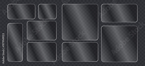 Set of glassmorphism frames, frosted glass plates, transparent rectangles with rounded corners, ui elements for web design, vector illustration
