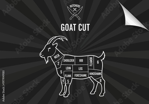 Vintage Style Goat Butcher Cuts Diagram with Meat Parts Chart, Culinary Illustration for Restaurant or Kitchen Decor