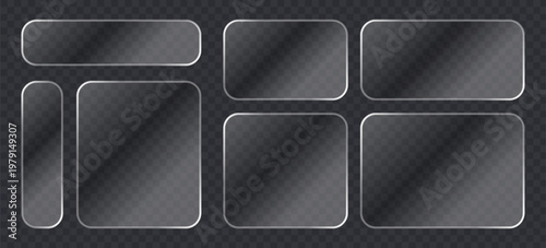 Set of glassmorphism style frames, frosted glass plates, ui elements, transparent banners with blurred effect, rounded rectangular shapes for web design