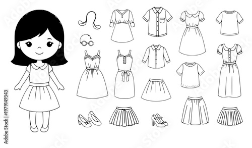 Cute paper doll dress up set with girl character and clothes collection kids activity vector isolated on white background
