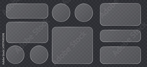 Set of glassmorphism buttons and frames, frosted glass effect ui elements, transparent rounded rectangles and circles for web and mobile app design
