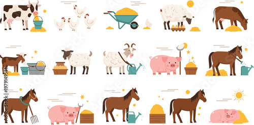 Set of Farm Animals and Agriculture Illustrations Featuring Cow, Sheep, Horse, Pig, Chickens, and Farming Activities