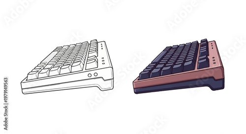 Mechanical Keyboard Line Art and Color Illustration Comparison