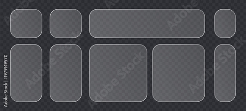 Set of glassmorphism style ui elements, frosted glass buttons and panels with rounded corners, transparent interface elements for website or mobile app design
