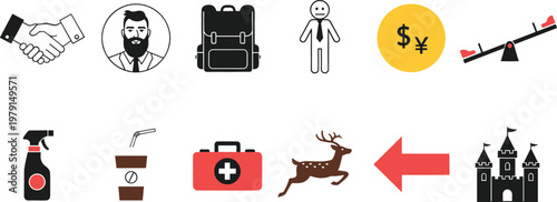 Business and Adventure Icon Set Featuring Handshake Portrait Backpack Person Currency Balance Spray Coffee First Aid Deer Arrow and Castle Symbols