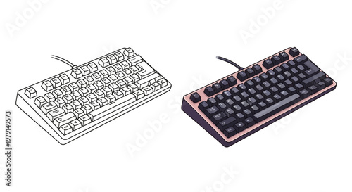 Mechanical Keyboard: Line Art vs. Detailed Illustration