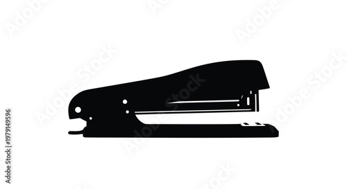 A black silhouette of a standard office stapler side view silhouette
