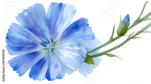 A blue flower with a white center is shown on a white background