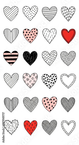 :
A decorative vector set of hand drawn hearts filled with various patterns, arranged neatly in rows on a solid white background. Each heart features a unique internal design such as stripes, polka do