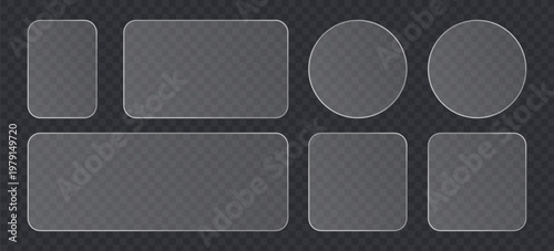 Set of frosted glass plates, glassmorphism style shapes, transparent ui elements, rounded rectangular and circular frames, matte glass texture