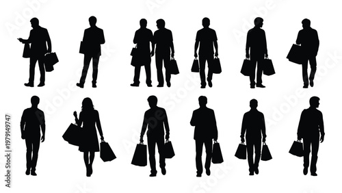 A collection of silhouetted figures mostly carrying shopping bags depicting a diverse group of people engaged in retail activity high quality