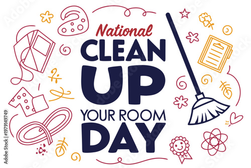 Cleaning Room Vector Art, National Clean Up Your Room Day Isolated on White