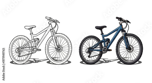 Mountain Bike Sketch vs. Colored Illustration, Side View