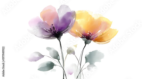 Two flowers are painted in watercolor, one is yellow and the other is purple