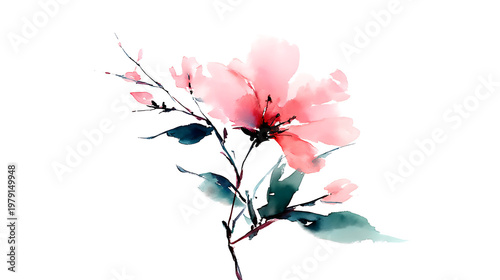 A watercolor painting of a pink flower with green leaves