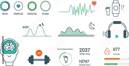 Set of Fitness Tracker and Health Monitoring Icons with AI, Activity Tracking, Workout Data, and Connected Devices