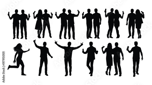 A collection of black silhouettes depicting diverse groups of people with arms raised in celebratory or active poses high quality professional