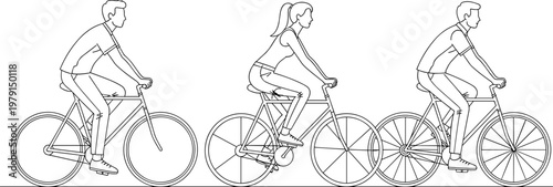 Cyclists riding bicycles in sequence representing urban commuting eco friendly transport and healthy lifestyle outdoor activity illustration.eps