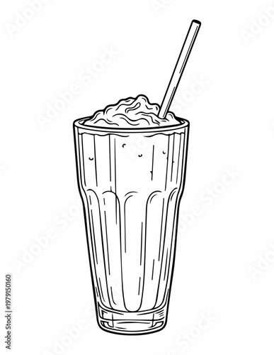 Outline drawing of a tall glass filled with a milkshake and a straw line art black and white food illustration drink outline milkshake beverage illustration monochrome smoothie