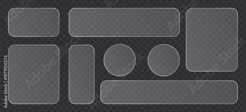 Set of frosted glass plates, semitransparent buttons and frames with rounded corners, realistic ui elements with blur effect, vector illustration